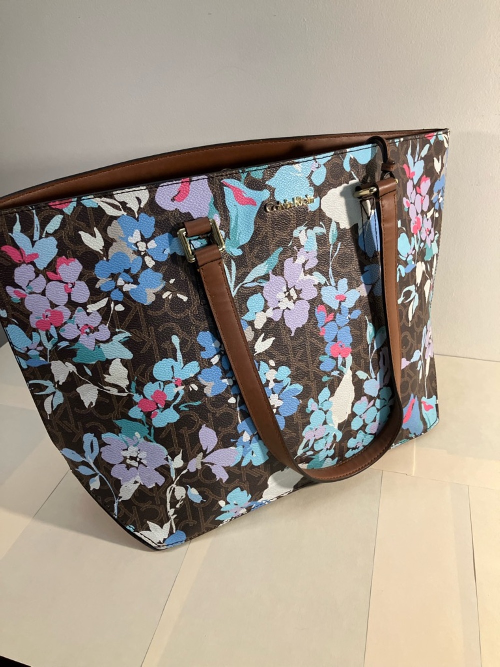 Calvin Klein Brown Floral Tote with Blue, Purple & Pink Accents
